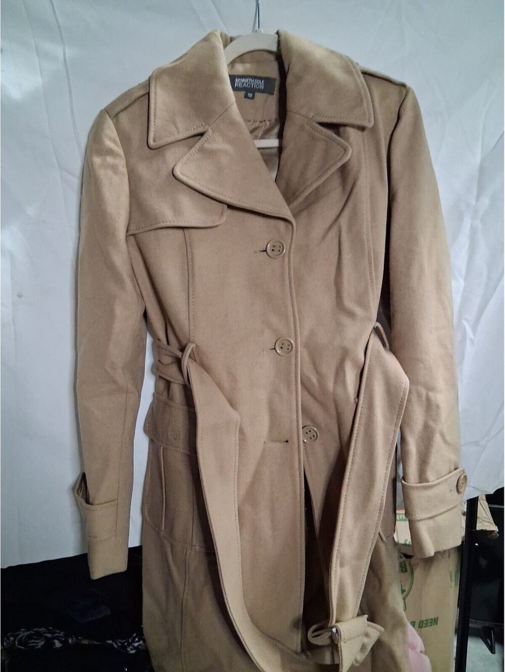 Kenneth Cole Reaction Women’s Tan Wool Blend Trench Coat Belted Size 6 Classic